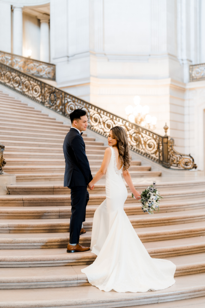 Bride and Groom Portraits on Staircase during SF City Hall Elopement