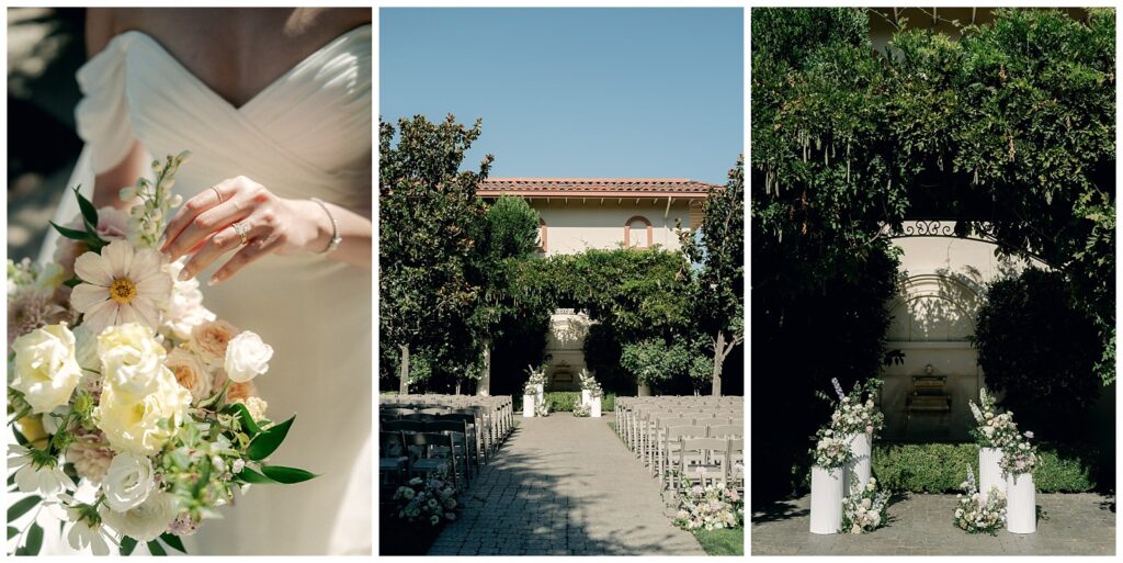 Whimsical pastel ceremony florals by Celestial Petals at Casa Real Wedding Pleasanton, Napa Sonoma winery wedding inspiration.