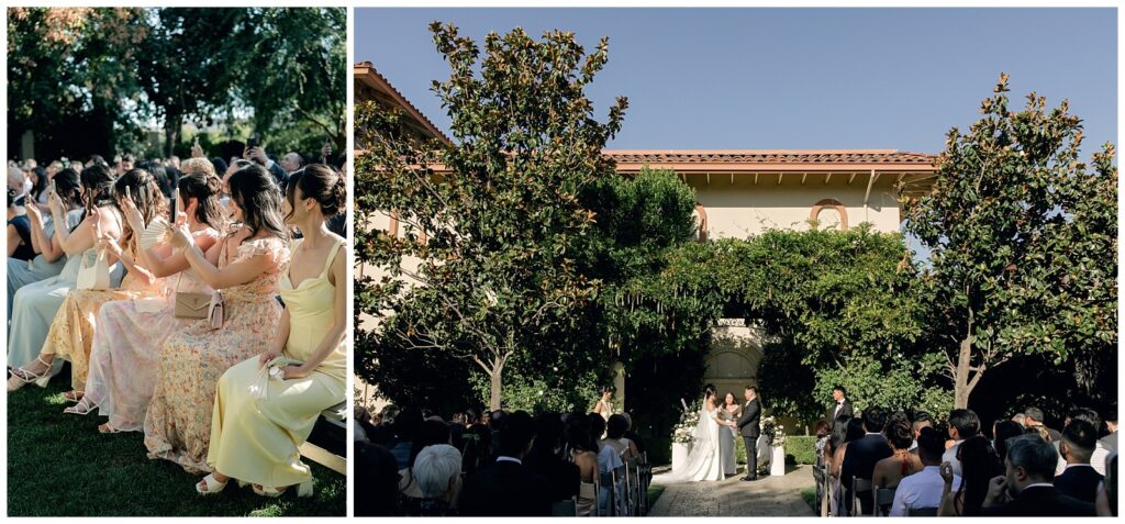 Casa Real Wedding Pleasanton outdoor ceremony under European-inspired architecture with lush greenery, Napa Sonoma winery wedding vibes.