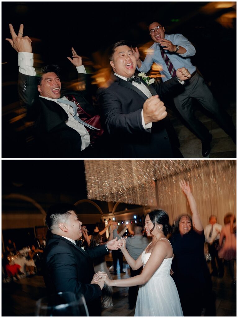 Groom and guests dancing with joy at Casa Real Wedding Pleasanton reception, energetic winery wedding celebration photography.