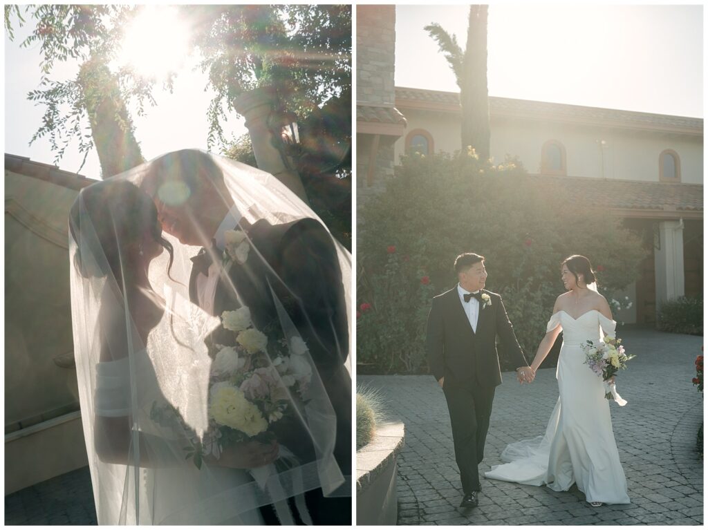 Bride and groom at golden hour vineyard during Casa Real Wedding Pleasanton, romantic Napa Sonoma winery wedding style.