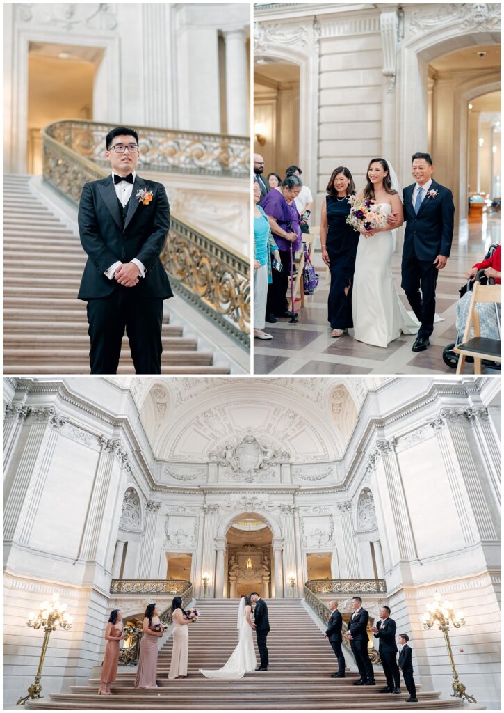 Saturday San Francisco City Hall Wedding Rentals ceremony on the grand staircase, featuring the bride walking down the aisle and exchanging vows with her groom, captured by Helena Wong Photography