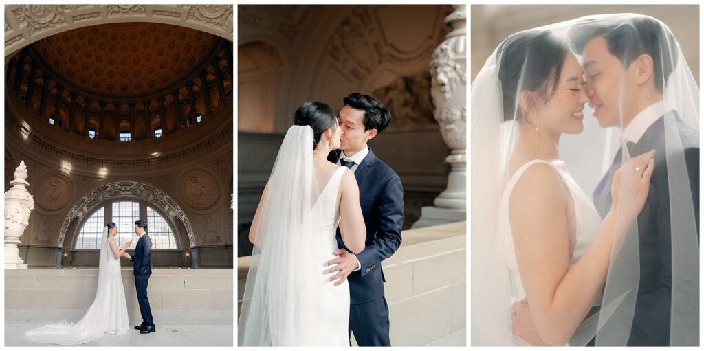 San Francisco City Hall wedding portraits featuring the bride and groom sharing romantic moments under the grand dome and soft natural light, captured by Helena Wong Photography